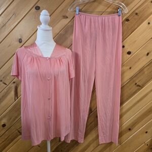 VTG 80s Vanity Fair PJ's Set Pink Nylon‎  Short Sleeve Long Pants Sz Small USA